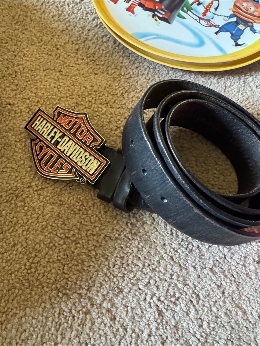 Harley-Davidson Black Leather Belt with Orange & Gold Logo Buckle